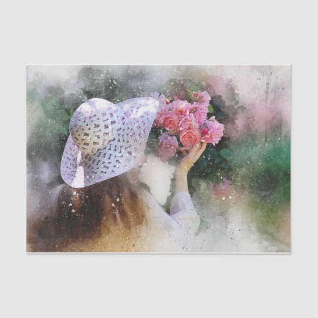 Girl in White Hat Smelling Pink Roses Tissue Paper (Front)