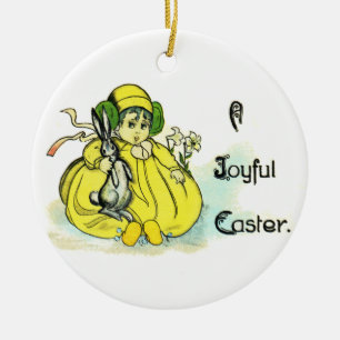 Girl in Yellow Clutching Bunny Vintage Easter Ceramic Tree Decoration
