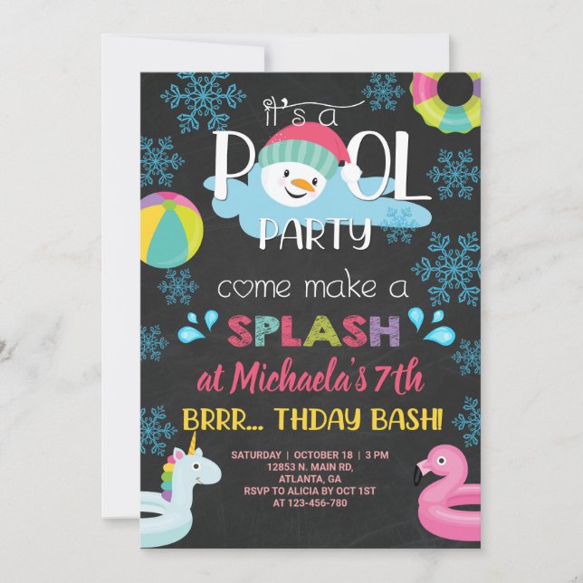 Girl indoor winter pool party birthday invitation. invitation (Front)