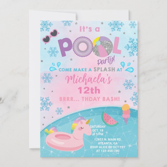 Girl indoor winter pool party birthday invitation. invitation (Front)