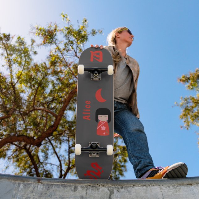 Girl Japanese Style with Monogram "Moon" and Name Skateboard (Outdoor 1)