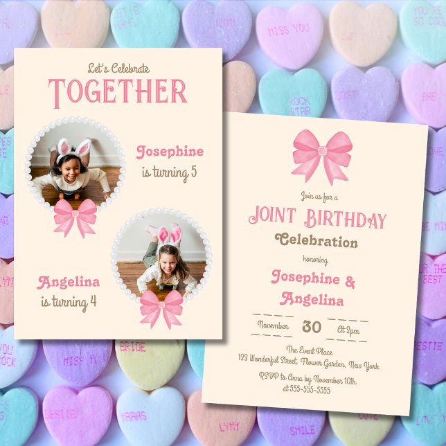 Girl Joint Birthday Cute Pink Bow Pearl Photo  Invitation (Creator Uploaded)