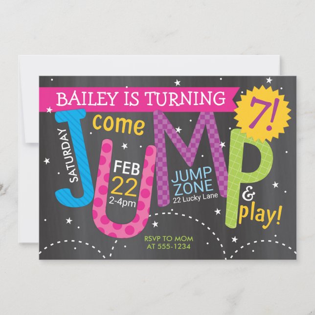 Girl Jump Birthday Party - Brights on Chalkboard Invitation (Front)