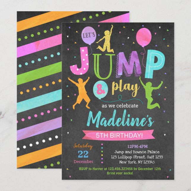 Girl Jump Trampoline Park Birthday Invitations (Front/Back)