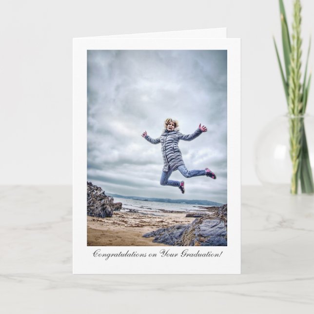 Girl Jumping For Joy Congratulations on Graduating Card (Front)