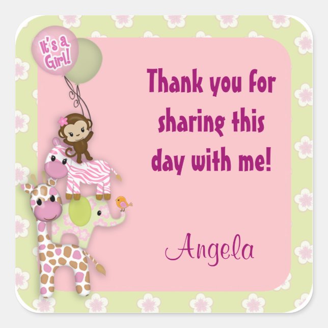 Girl Jungle Safari Animal Baby square sticker pink (Front)