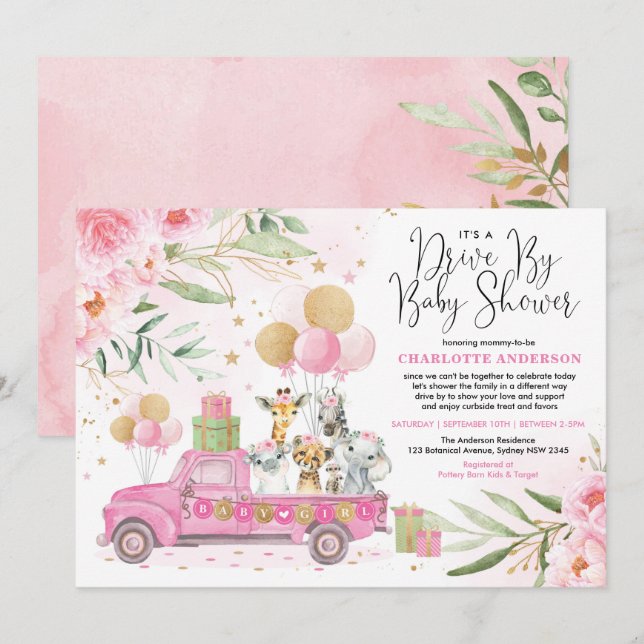 Girl Jungle Safari Animals Drive By Baby Shower Invitation (Front/Back)