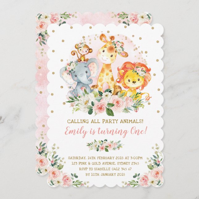 Girl Jungle Safari Animals Wild One 1st Birthday Invitation (Front/Back)