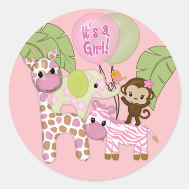 Girl Jungle Safari Baby Shower Round Sticker (Front)