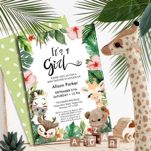 Girl Jungle Safari Tropical Greenery Baby Shower Invitation (Creator Uploaded)