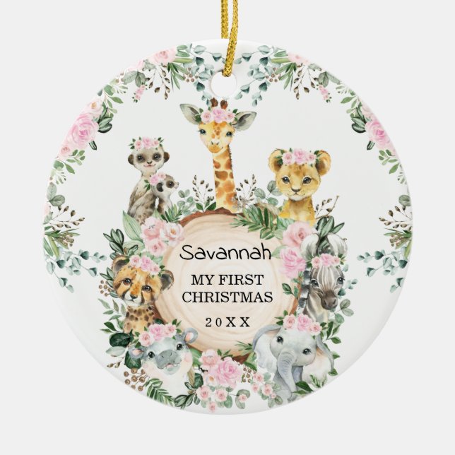 Girl Jungle Safari Wild Animals Baby 1st Christmas Ceramic Ornament (Front)