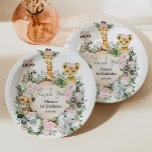 Girl Jungle Safari Wild Animals Birthday Favour Paper Plate<br><div class="desc">Cute safari themed paper plate featuring adorable jungle animals,  pretty pink flowers and rustic botanical greenery. Customise the wording to suit your occasion,  e.g. birthday,  baby shower,  baby sprinkle,  baptism,  christening,  holy communion</div>