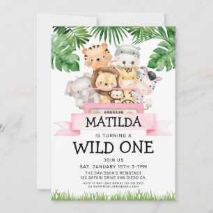 Girl Jungle Safari Wild One Birthday Invitation
