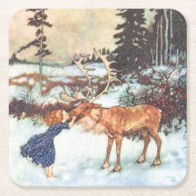 "Girl kissing a reindeer" Christmas coasters