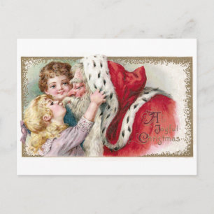 Girl Kissing Santa Claus Vintage Christmas Holiday Postcard