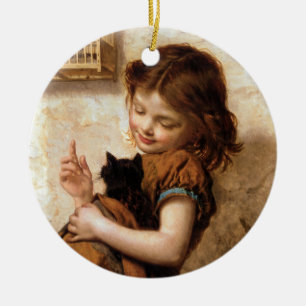 Girl, Kitty Cat & Bird - Vintage Painting Ceramic Tree Decoration