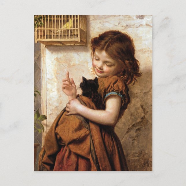Girl, Kitty Cat & Bird - Vintage Painting Postcard (Front)