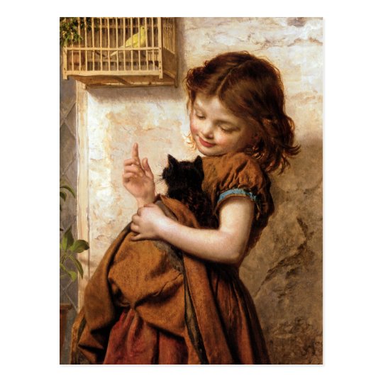 Girl, Kitty Cat & Bird - Vintage Painting Postcard