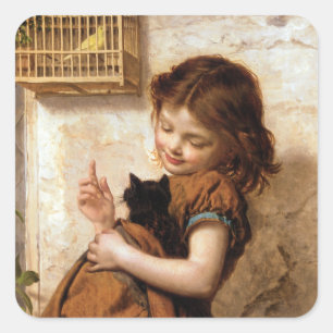 Girl, Kitty Cat & Bird - Vintage Painting Square Sticker
