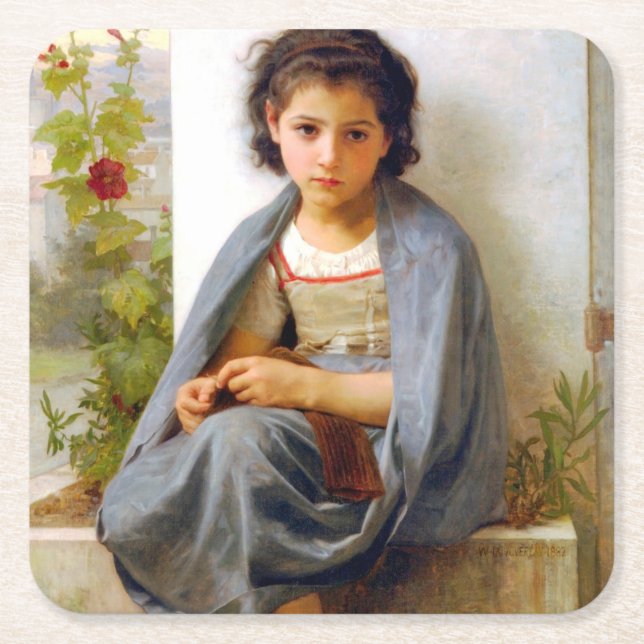Girl Knitting, Bouguereau Square Paper Coaster (Front)
