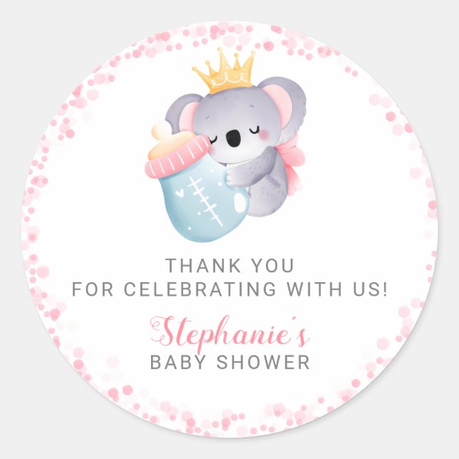 Girl Koala Bear Pink Baby Shower Favour Classic Round Sticker (Front)