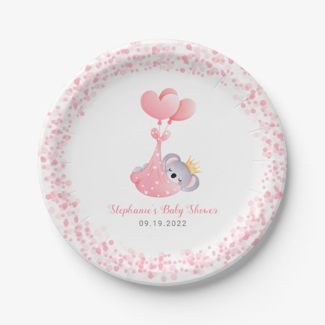 Girl Koala Bear Pink Baby Shower Paper Plate (Front)