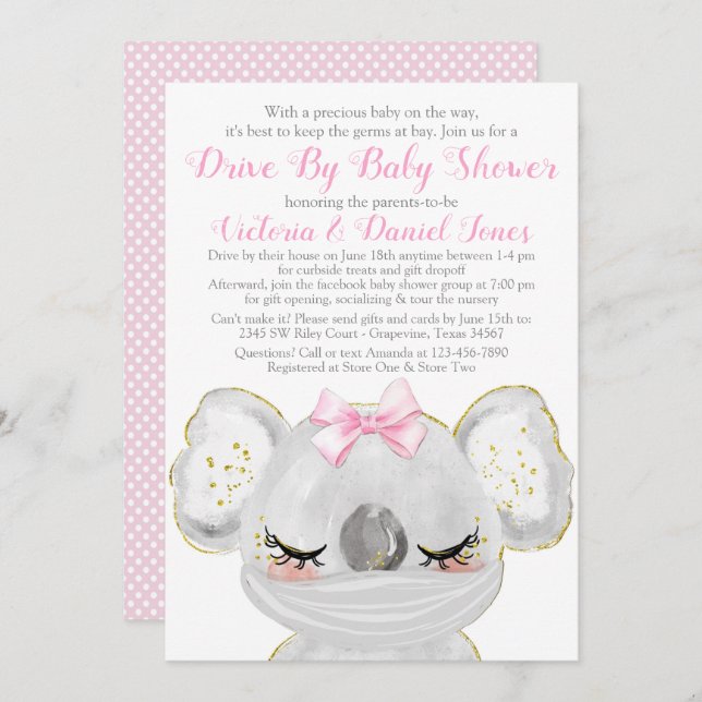 Girl Koala with Mask Drive By Baby Shower Invitation (Front/Back)