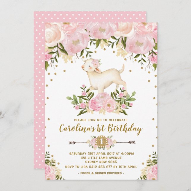 Girl Lamb Birthday Invitation Pink Floral Farm (Front/Back)