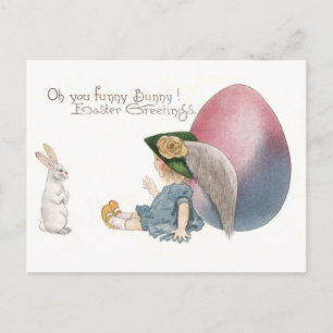Girl Leaning on Easter Egg Spies White Rabbit Holiday Postcard