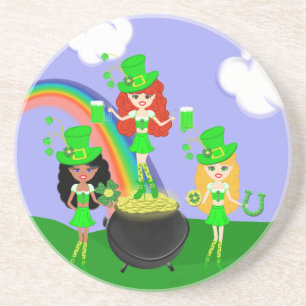 Girl Leprechauns Rainbow and Pot of Gold Coaster