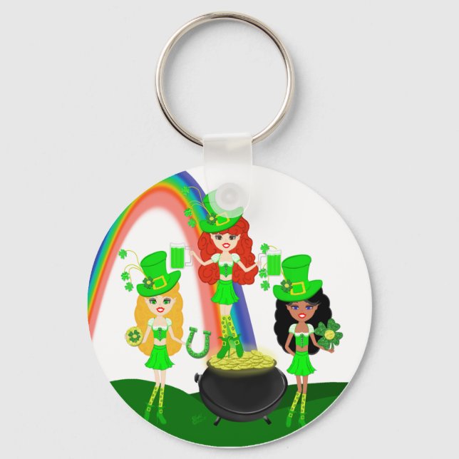 Girl Leprechauns Rainbow and Pot of Gold Key Ring (Front)