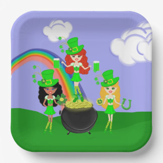 Girl Leprechauns Rainbow and Pot of Gold Paper Plate