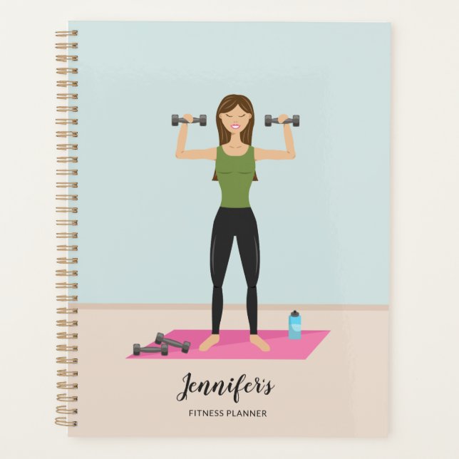 Girl Lifting Weights & Personalizable Name Fitness Planner (Front)
