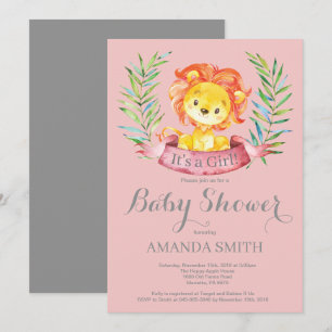 Girl Lion Baby Shower Invitation Pink and Grey