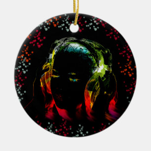Girl Listening Music Headphones Neon Colours Gifts Ceramic Tree Decoration