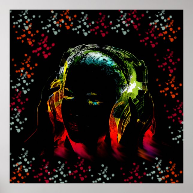 Girl Listening Music Headphones Neon Colours Gifts Poster (Front)