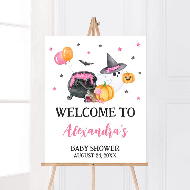 Girl Little Boo Ghost Baby Shower Welcome Poster (Ghost Halloween Baby Shower Welcome Sign)