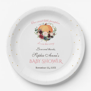 Girl Little Pumpkin Burgundy Floral Baby Shower Paper Plate