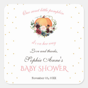 Girl Little Pumpkin Burgundy Floral Baby Shower Square Sticker