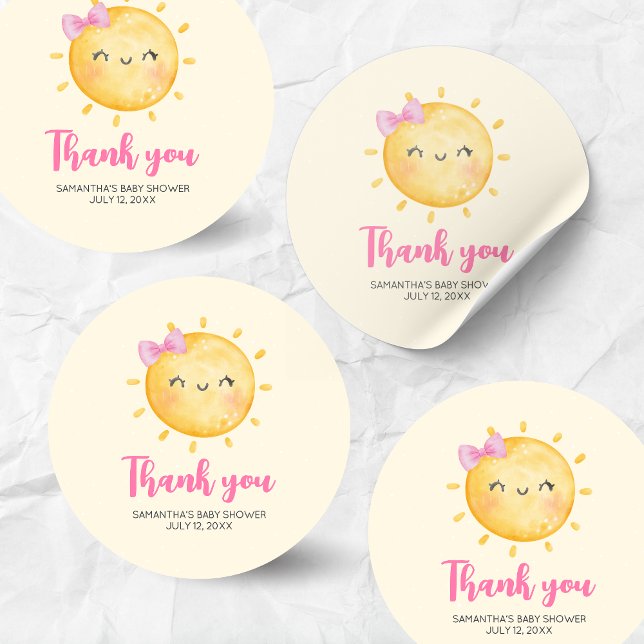 Girl Little Ray of Sunshine Baby Shower Classic Round Sticker (Little Ray of Sunshine Boho Baby Shower Round Sticker)