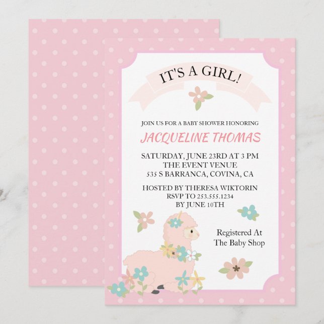 Girl Llama Baby Shower Invitation (Front/Back)