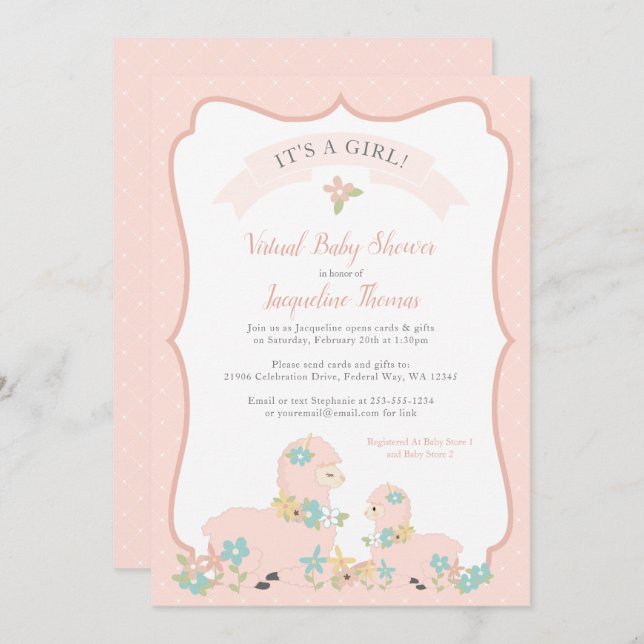 Girl Llama Pink Baby Shower Invitation (Front/Back)