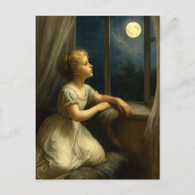 Girl Looking At A Full Moon Through Window Postcard (Front)