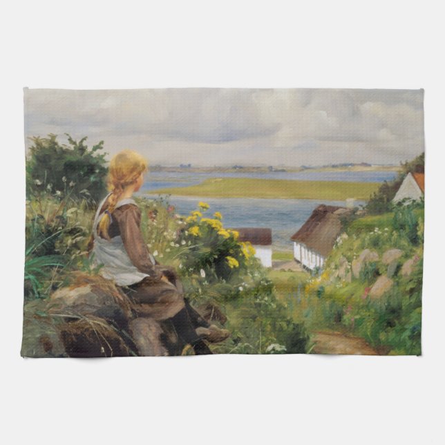 Girl Lost in Thought (by H.A. Brendekilde) Tea Towel (Horizontal)
