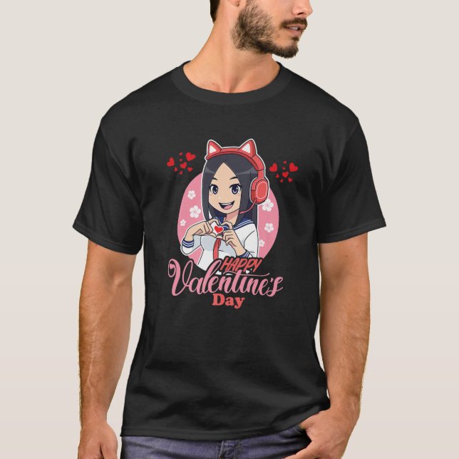 Girl Loves Anime And Heart Love Cute Girls Valenti T-Shirt (Front)