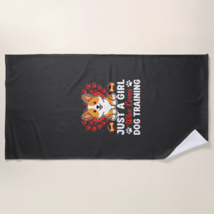 Girl Loves Dog Training Corgi Beach Towel