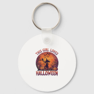 Girl Loves Halloween Witch Pumpkins Bats_1 Key Ring