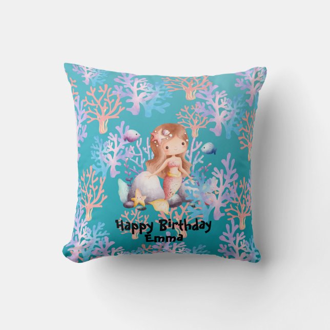 girl magical mermaid under the sea rainbow pastel cushion (Front)