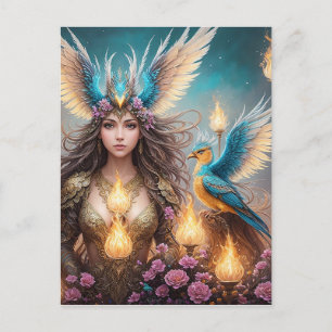 Girl, majestic fenix bird Oil painting, 3d, Postcard