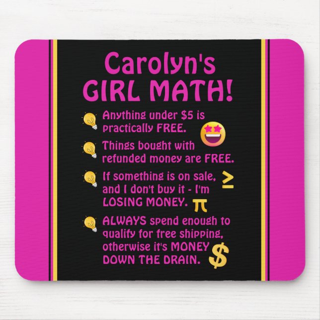 Girl Math Funny Personalised Computer Mouse Pad (Front)